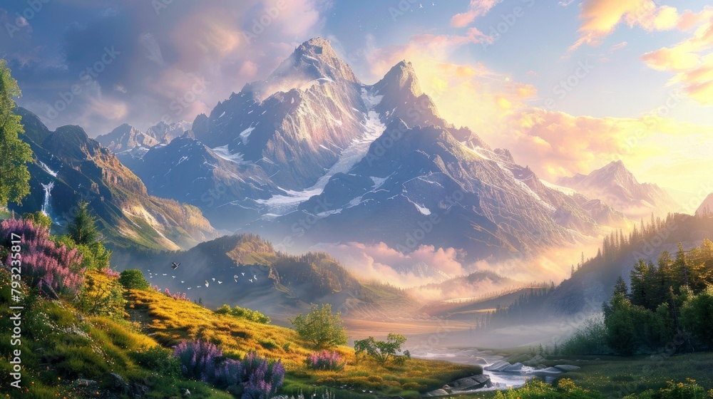 Early morning light bathes a high mountain in a serene and beautiful natural landscape