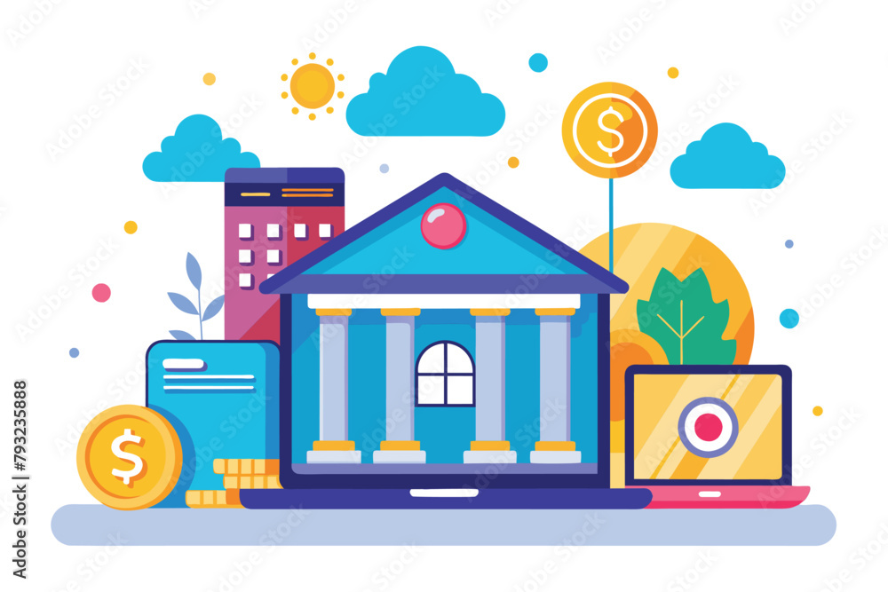 A small blue house is surrounded by stacks of money and multiple laptops in a simple and minimalist setting, Online banking platform, Simple and minimalist flat Vector Illustration