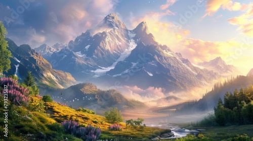 Early morning light bathes a high mountain in a serene and beautiful natural landscape