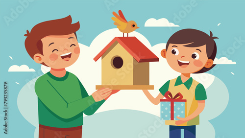 At the Craft Mastery Party a young boy proudly shows off his woodworking skills by gifting his handcrafted birdhouse to a surprised and