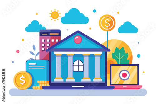 A small blue house is surrounded by stacks of money and multiple laptops in a simple and minimalist setting, Online banking platform, Simple and minimalist flat Vector Illustration