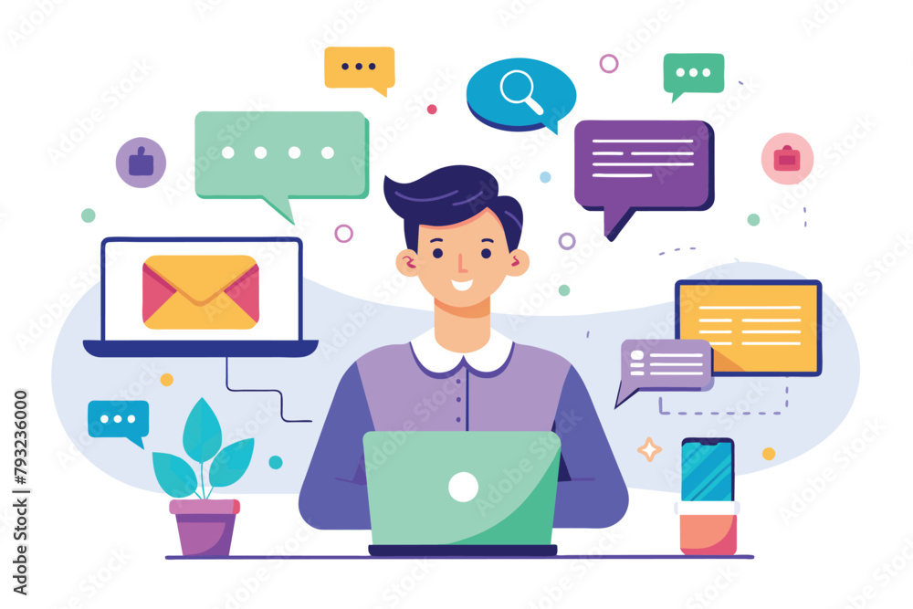 A man sitting in front of a laptop computer, engaged in online business communication, Online business communication, Simple and minimalist flat Vector Illustration A man sitting in front of a laptop computer, engaged in online business communication, Online business communication, Simple and minimalist flat Vector Illustration