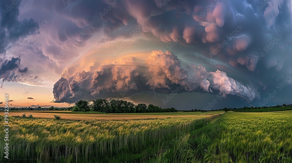 A dramatic scene as a massive storm cloud looms over open fields, signaling an impending storm A dramatic scene as a massive storm cloud looms over open fields, signaling an impending storm