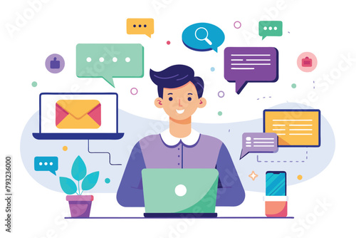 A man sitting in front of a laptop computer, engaged in online business communication, Online business communication, Simple and minimalist flat Vector Illustration