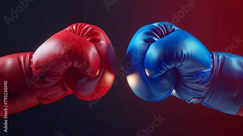 Three-dimensional vector illustration depicting boxing with red and blue gloves, symbolizing sports and game competition. © Khalida