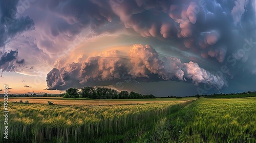 A dramatic scene as a massive storm cloud looms over open fields, signaling an impending storm photo
