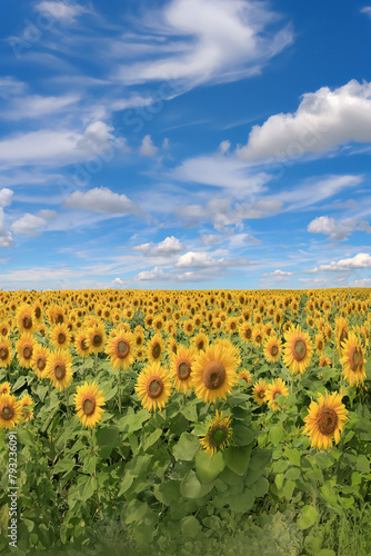 A field of sunflowers in bloom in late summer. 