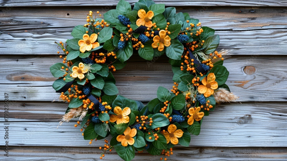   A wreath adorns a wooden wall, its circular form filled with golden blooms and lush green leaves Atop the structure, a bluebird perches in serene rep