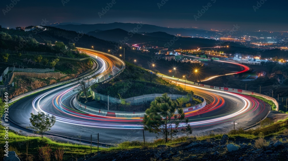 A panoramic view of cars' light trails streaking through a curved asphalt road at night, highlighting the dynamic motion of city traffic