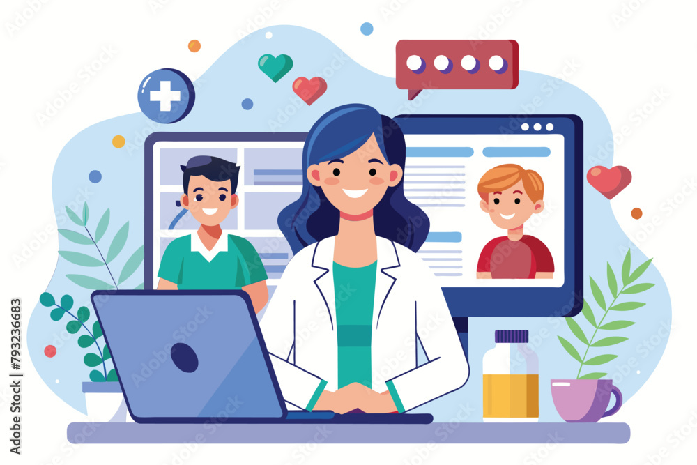 Woman Sitting in Front of Laptop Computer, online consultations with doctors and pharmacy services, Simple and minimalist flat Vector Illustration