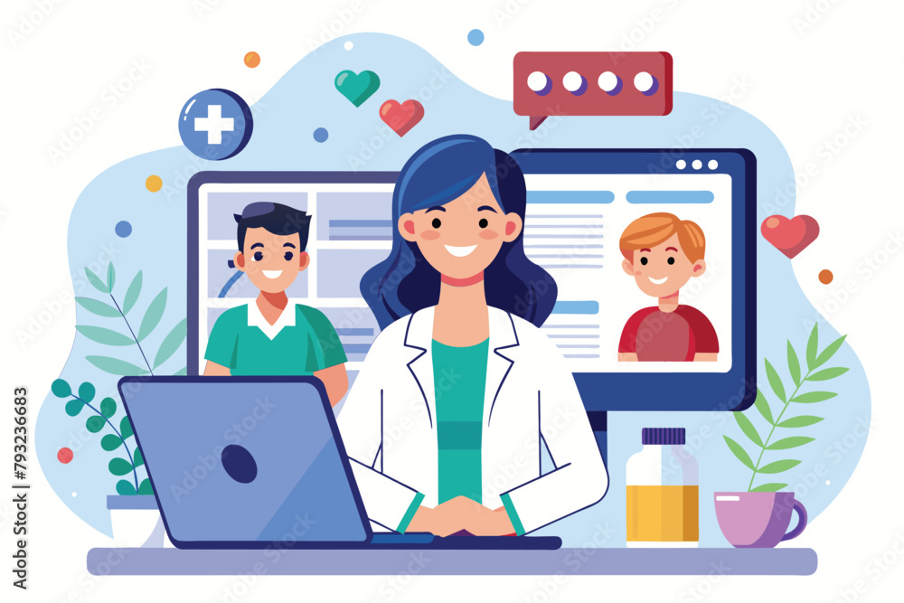 Woman Sitting in Front of Laptop Computer, online consultations with doctors and pharmacy services, Simple and minimalist flat Vector Illustration Woman Sitting in Front of Laptop Computer, online consultations with doctors and pharmacy services, Simple and minimalist flat Vector Illustration