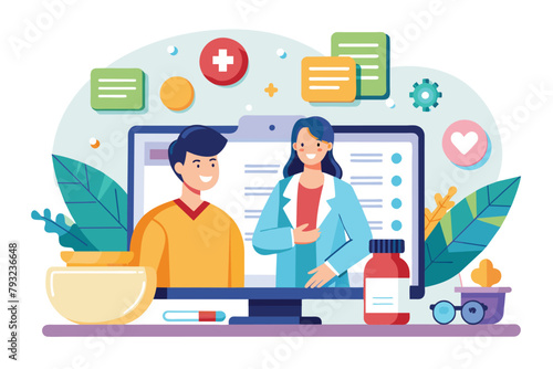 A man and woman are engaged in an online consultation, viewing information on a computer screen, online consultation and online pharmacy services, Simple and minimalist flat Vector Illustration