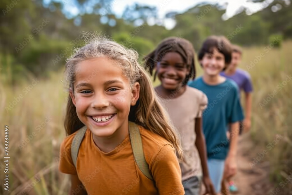 Portrait of smiling kids in field during obstacle course in boot camp Portrait of smiling kids in field during obstacle course in boot camp
