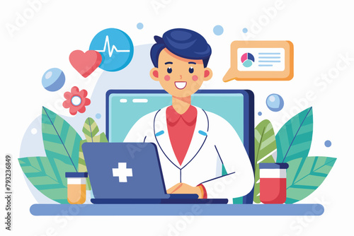 A man is focused and working on a laptop computer in a room, online consultation with a doctor, Simple and minimalist flat Vector Illustration