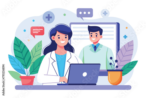 A man and a woman sit in front of a laptop, engaging in an online consultation with a doctor, online consultation with a doctor, Simple and minimalist flat Vector Illustration