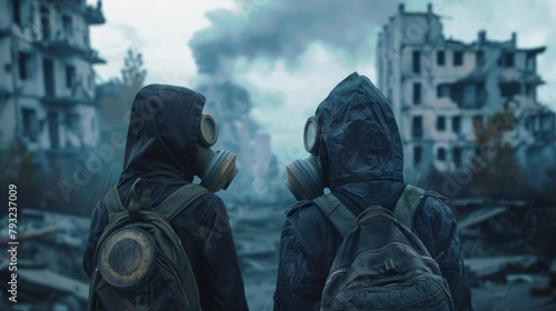 Protection against an epidemic: a couple of people in gas masks against the backdrop of city ruins, the apocalypse.