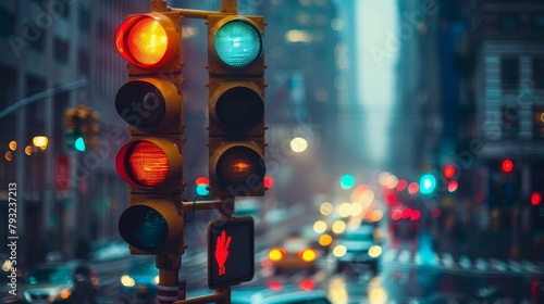 A realistic depiction of a traffic light operating in an urban setting, guiding the flow of city traffic