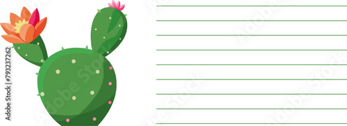 A plant themed art featuring a terrestrial plant with a flower on it. The cactus plant and space for text in right side. Postal card with botanical illustration.