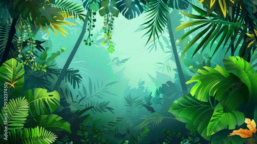 A seamless horizontal vector illustration of a dense tropical rainforest, perfect for backgrounds and nature-themed designs