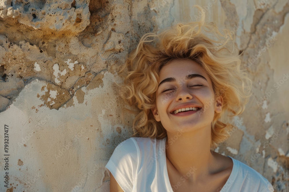 Radiant smile of beautiful blonde in portrait, joyful expression, captivating face, feminine charm. Radiant smile of beautiful blonde in portrait, joyful expression, captivating face, feminine charm.