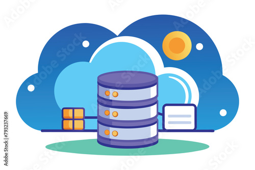 A stack of data with a cloud in the background, install cloud database for data security, Simple and minimalist flat Vector Illustration