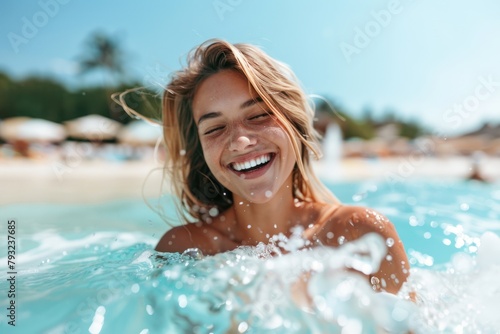 A blonde woman enjoys a sunny day in the ocean with the beach in the background  her cheerful expression capturing the essence of beach life.