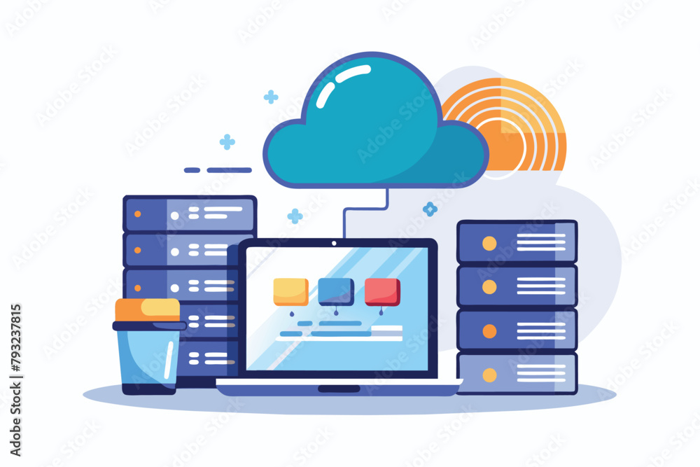 A laptop with a cloud symbol hovering above it, representing cloud storage and data transfer, man with laptop managing cloud data database folder, Simple and minimalist flat Vector Illustration A laptop with a cloud symbol hovering above it, representing cloud storage and data transfer, man with laptop managing cloud data database folder, Simple and minimalist flat Vector Illustration