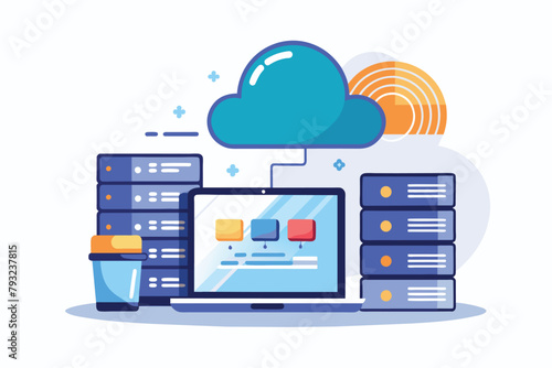 A laptop with a cloud symbol hovering above it, representing cloud storage and data transfer, man with laptop managing cloud data database folder, Simple and minimalist flat Vector Illustration