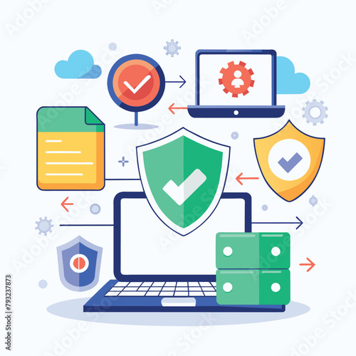 Laptop screen displaying a check mark symbol, indicating completion or approval, Online data security restoration, Simple and minimalist flat Vector Illustration