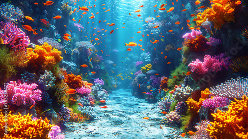 Underwater panorama with coral and fishes