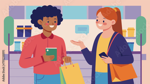 Two friends discussing their shopping habits with one advocating for using credit for big purchases and the other emphasizing the importance of
