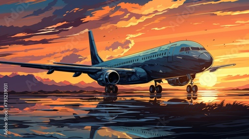 A passenger airplane on a runway at sunset, with vibrant clouds in the background, creating a stunning scene for aviation enthusiasts and travelers.