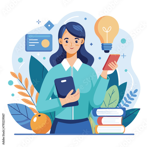 Woman Holding Book and Light Bulb, online education with woman holding smartphone book and light bulb, Simple and minimalist flat Vector Illustration