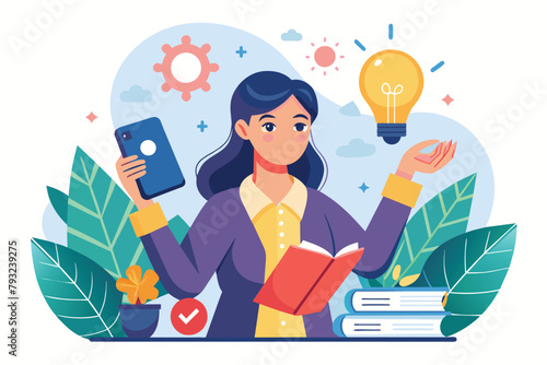 Woman Holding a Book and Smartphone, online education with woman holding smartphone book and light bulb, Simple and minimalist flat Vector Illustration