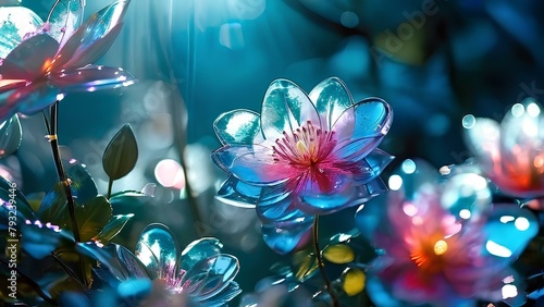 A garden of glass flowers blooming with refracted sunlight