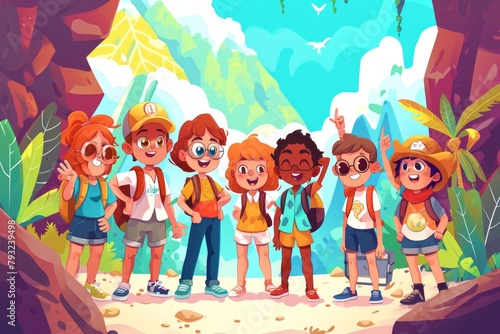 Group of kids hiking in the jungle cartoon vector illustration. Happy boys and girls with backpacks looking at camera.