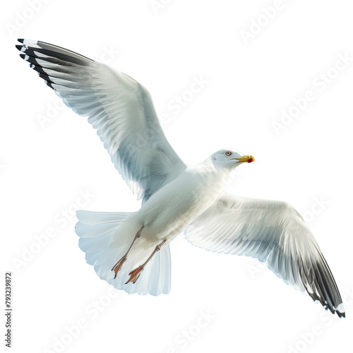 A majestic white seagull gracefully glides through the clear blue sky on a sunny day showcasing its impressive wingspan in this stunning horizontal image set against a natural backdrop isol