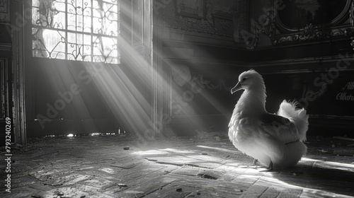   A black-and-white image of a duck atop a tiled floor in a sunlit room, as daylight pours in via the windows photo