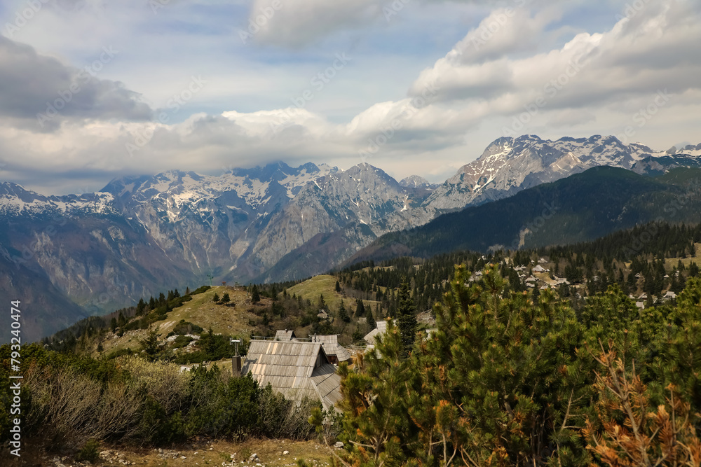 Alpine village in spring high in the mountains