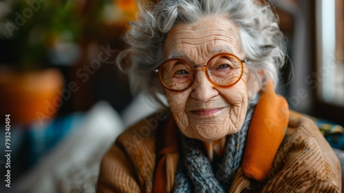 An older woman with glasses sitting on a couch. Generative AI.
