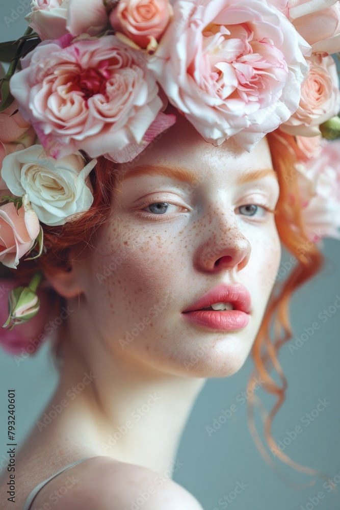 A close-up portrait of woman with striking red hair complemented by a crown of pink and white blooms