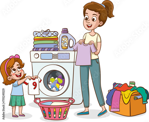 The child wants to help his mother take the clothes out of the washing machine. Character design. Vector flat illustration