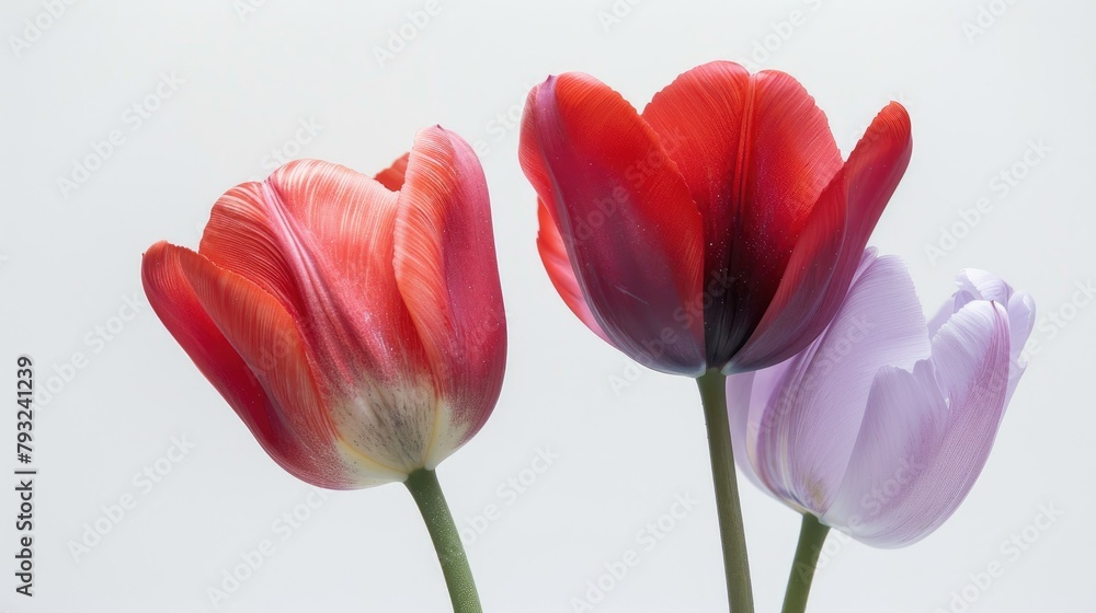 Red and violet tulips bloom against a pristine white backdrop Red and violet tulips bloom against a pristine white backdrop