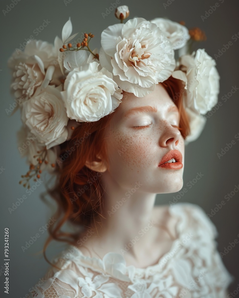 A captivating composition featuring a red-haired model with white roses woven into her hair against a neutral background