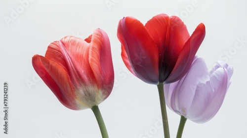 Red and violet tulips bloom against a pristine white backdrop