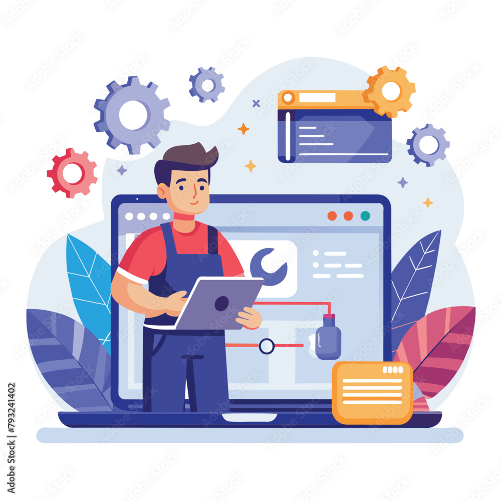 A man fixing his laptop using a wrench in an online repair service setting, online repair service on the website, Simple and minimalist flat Vector Illustration