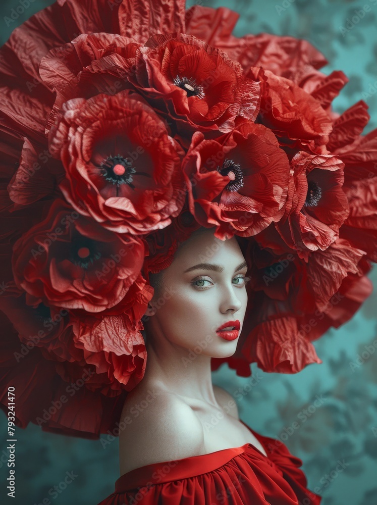 An alluring portrait of a woman with red poppy blooms creating a captivating, bold floral headpiece