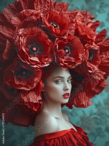 An alluring portrait of a woman with red poppy blooms creating a captivating, bold floral headpiece © Vuk