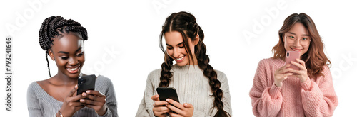 Cluster of delightful women from different ethnic backgrounds with mobile devices, Isolated on Transparent Background, PNG photo