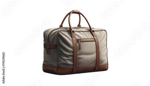 A brown leather and canvas weekender bag photo